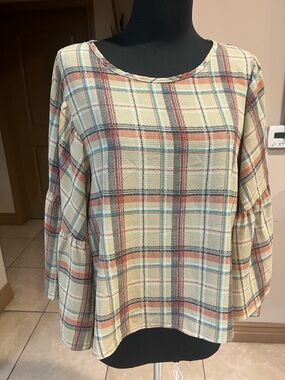 Blu Pepper Cream Plaid Bell Sleeve Top with Blue & Red Accents